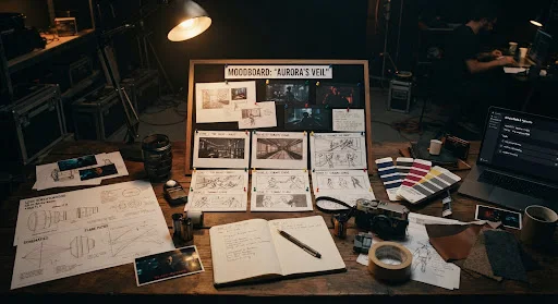 Moodboards och bildidéer på ett arbetsbord — demobild
